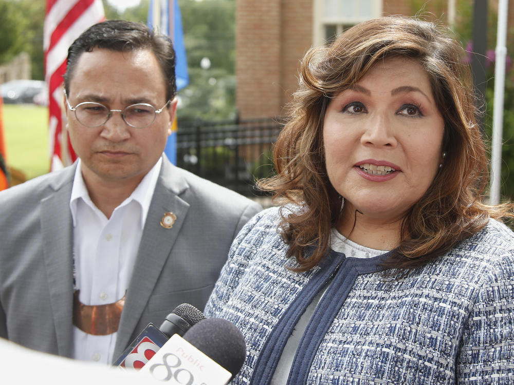 Kimberly Teehee, right, and Cherokee Nation principal chief Chuck Hoskin Jr. speak to the media in 2019 after Hoskin nominated Teehee to be the Cherokee Nation's first delegate to Congress.