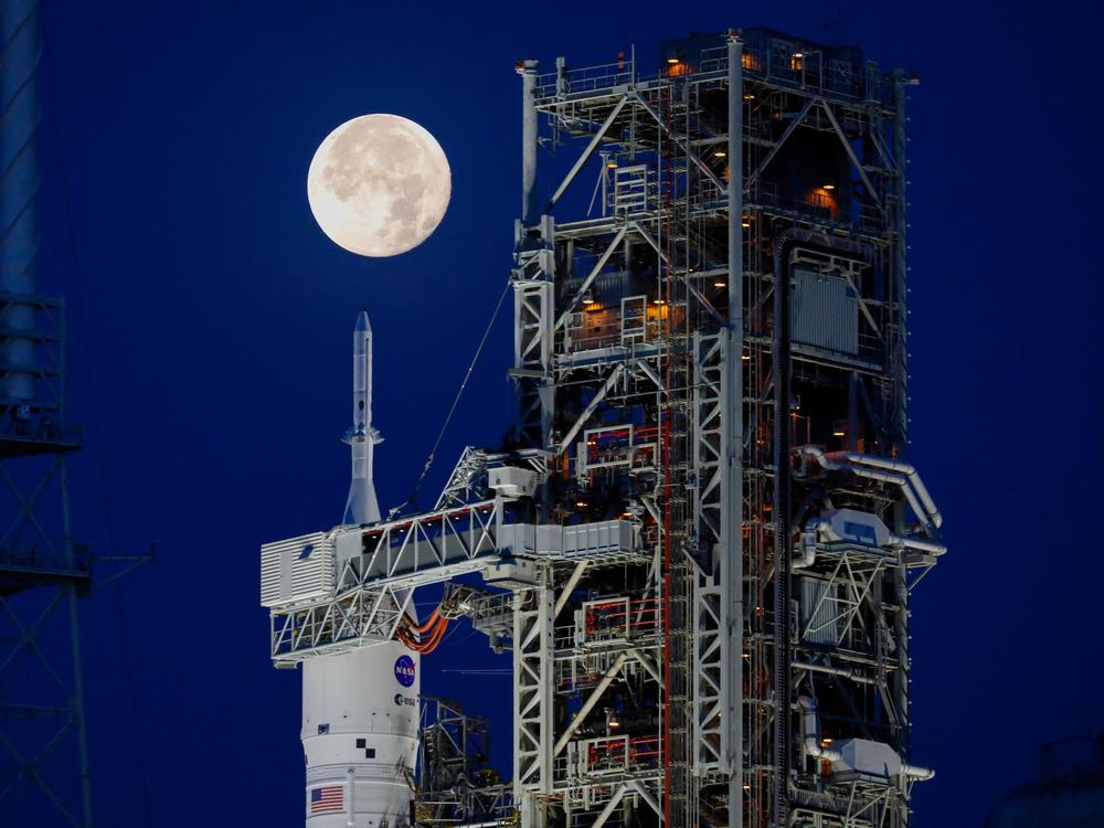 NASA's Artemis 1 Moon rocket sits at Launch Pad Complex 39B at Kennedy Space Center, in Cape Canaveral, Fla., on June 15.