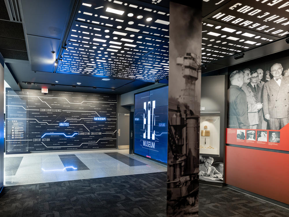 The entrance to the newly renovated CIA museum at the agency headquarters in Langley, Va. The ceiling features a variety of spy codes. This one is in Morse Code. The CIA plans to put them all online to see if they can be broken.