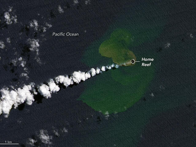 An image released by the NASA Earth Observatory shows the volcanic eruption on Home Reef.