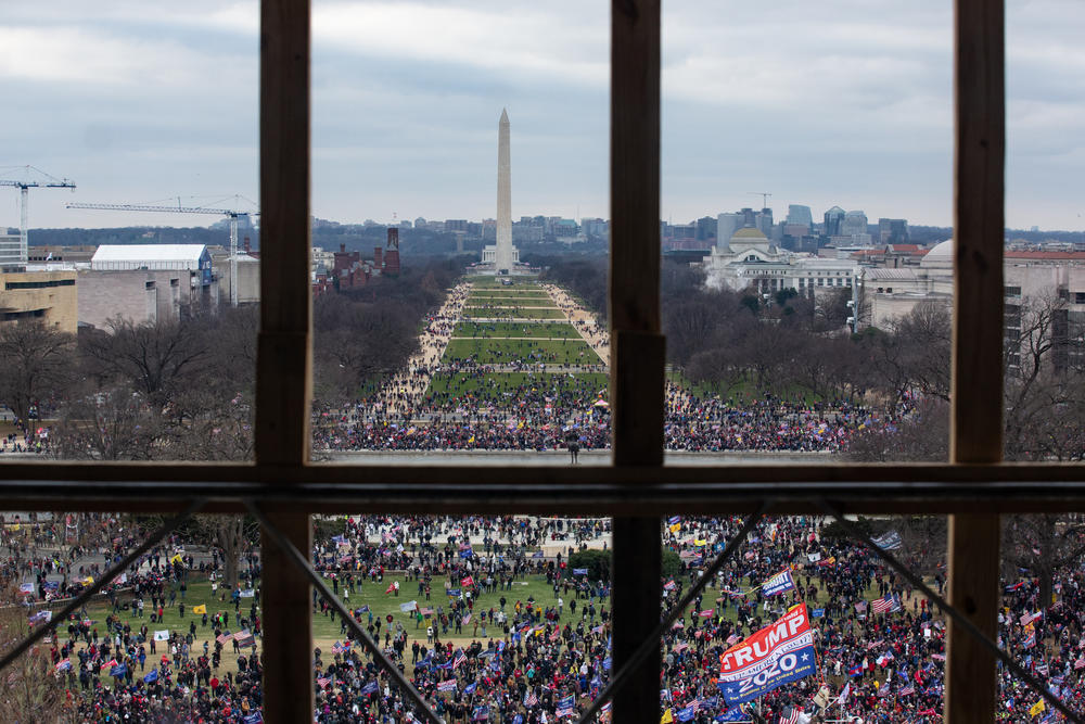 A crowd of Trump supporters gather outside as seen from inside the U.S. Capitol on Jan. 6, 2021.