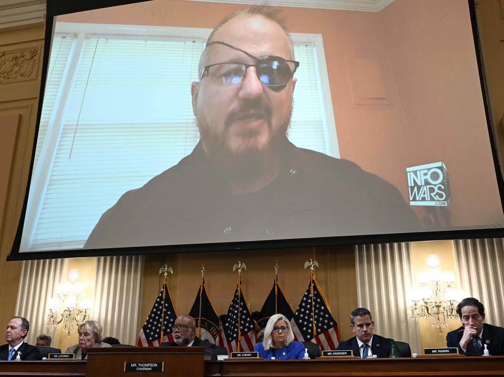 Stewart Rhodes, founder of the Oath Keepers, is seen on a screen during a House Select Committee hearing to Investigate the January 6th Attack on the Capitol in June.