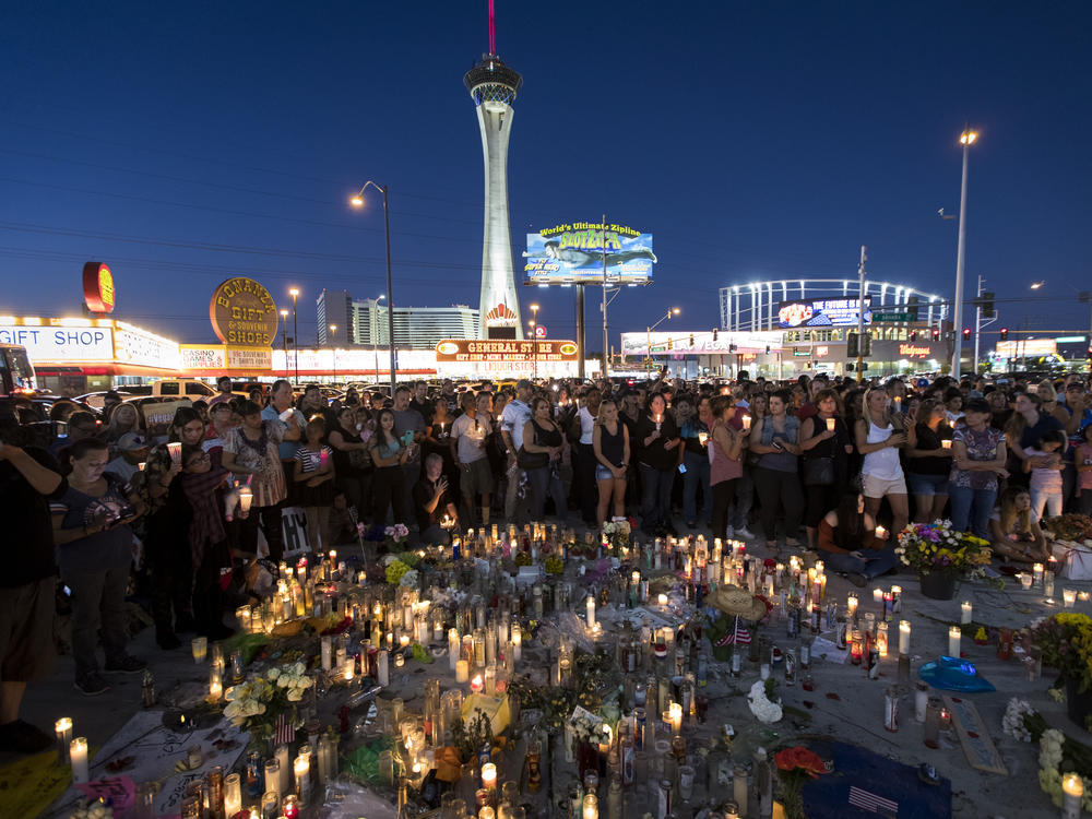 Mourners attend a vigil in Las Vegas following the Oct. 1, 2017, mass shooting at the Route 91 Harvest country music festival.