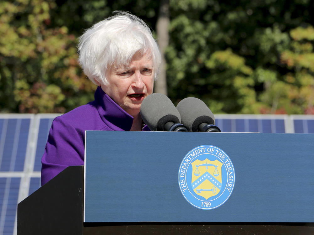 Treasury Secretary Janet Yellen speaks at Cypress Creek Renewables solar field in Chapel Hill, N.C., on Tuesday.