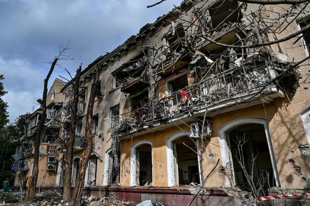 A three-story residential building destroyed in an overnight rocket attack by Russian forces in Zaporizhzhia, Ukraine, on Saturday.