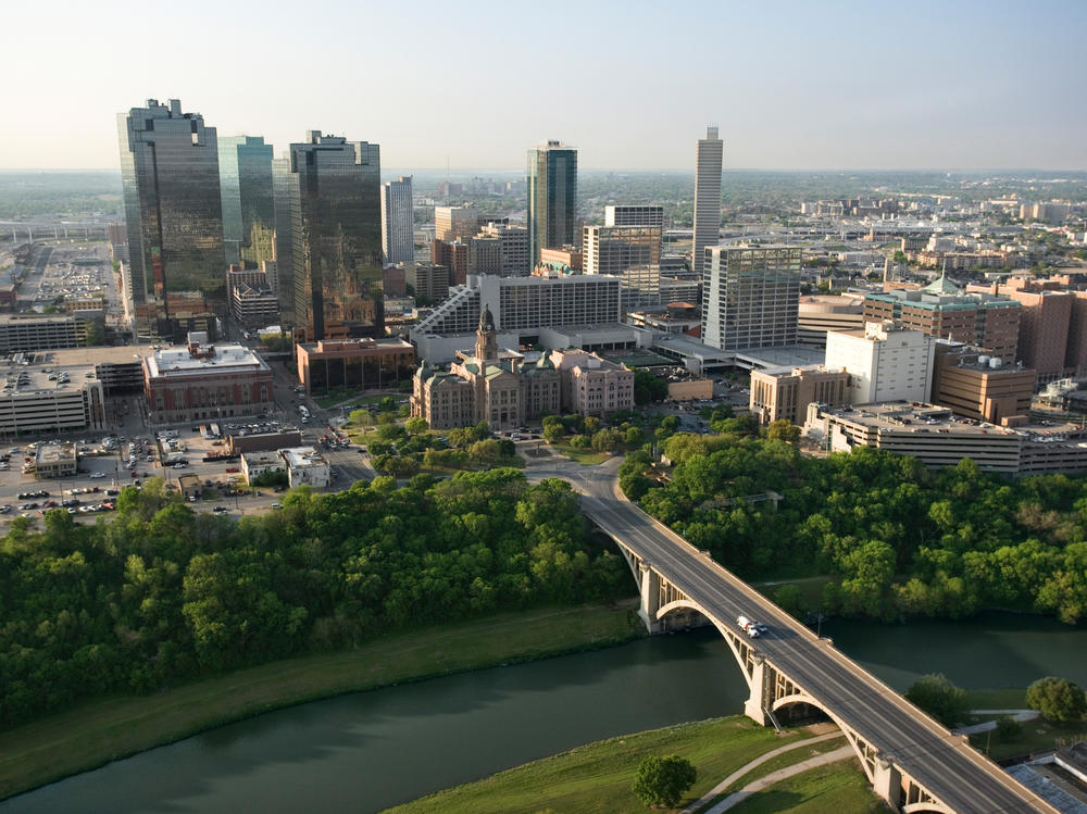 Aerial view of downtown Fort Worth, Texas. Some hospitals in Texas and around the U.S. are seeing high profits, even as their bills force patients into debt. Of the nation's 20 most populous counties, none has a higher concentration of medical debt than Tarrant County, home to Fort Worth.