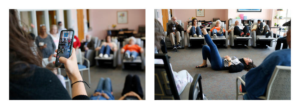 Clients with dementia gather to learn dance movements at the adult day program. Amanda Bulgarelli, a Positive Approach to Care mentor, teaches the movements, then records the routine for TikTok. The post will serve as an example of Positive Approach to Care<strong>® </strong>techniques developed by Teepa Snow for interacting with those living with dementia.