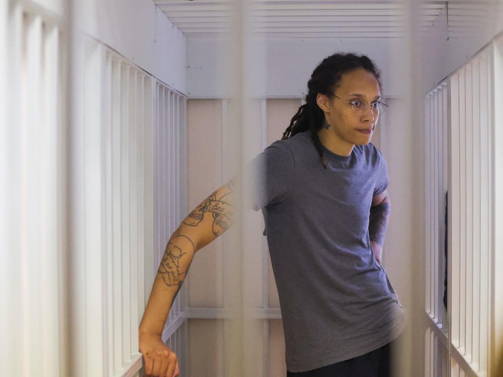 Brittney Griner waits for the verdict during a hearing outside Moscow on Aug. 4. The WNBA star is one of more than five dozen Americans being held hostage or wrongfully detained abroad, according to the James. W. Foley Legacy Foundation.