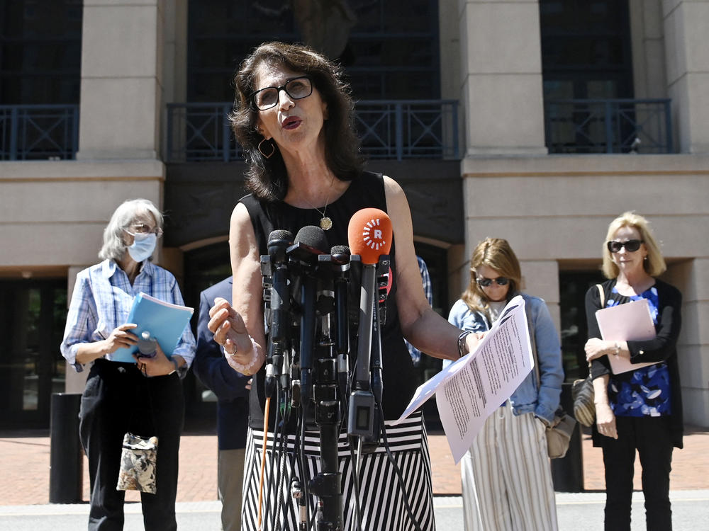 Diane Foley speaks to reporters following the sentencing of El Shafee Elsheikh in Alexandria, Va., on Aug. 19. Elsheikh, 34, a member of the notorious ISIS kidnap-and-murder cell known as the 