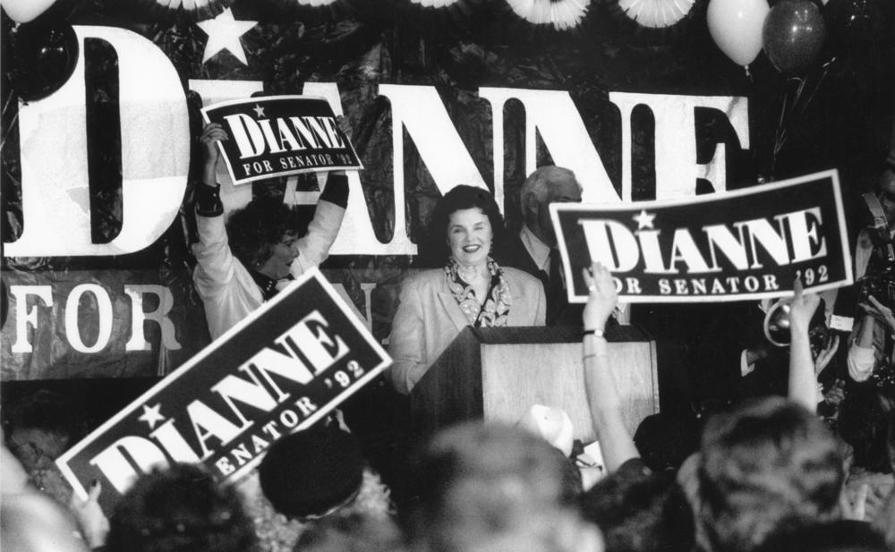 Senate candidate Feinstein celebrates winning the Democratic Party primary in June 1992.