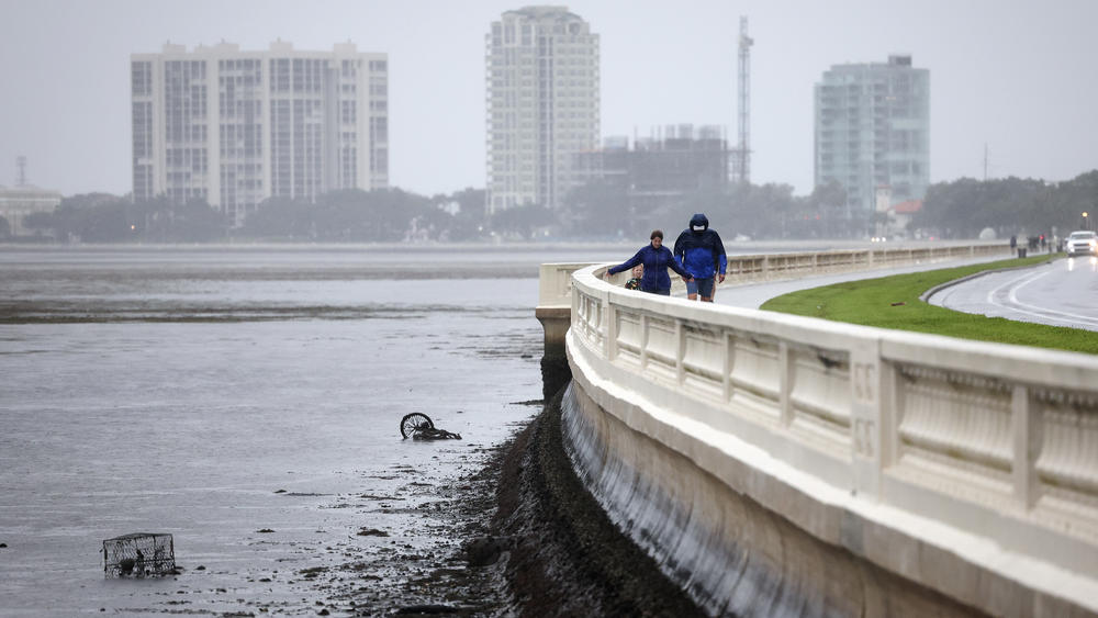 People walk along Bayshore Boulevard as water in Tampa Bay recedes from the shoreline in advance of the arrival of Hurricane Ian.