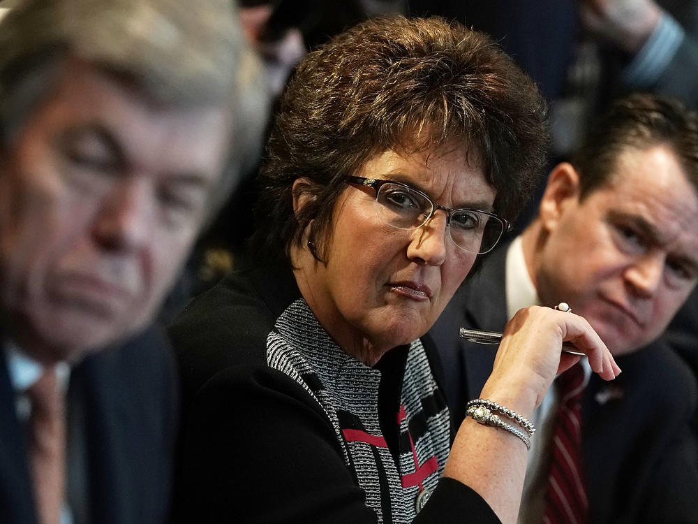 Rep. Jackie Walorski (R-IN) sits between Sen. Roy Blunt (R-MO) and Sen. Todd Young (R-IN) during a meeting between President Donald Trump and congressional members on Feb. 13, 2018.