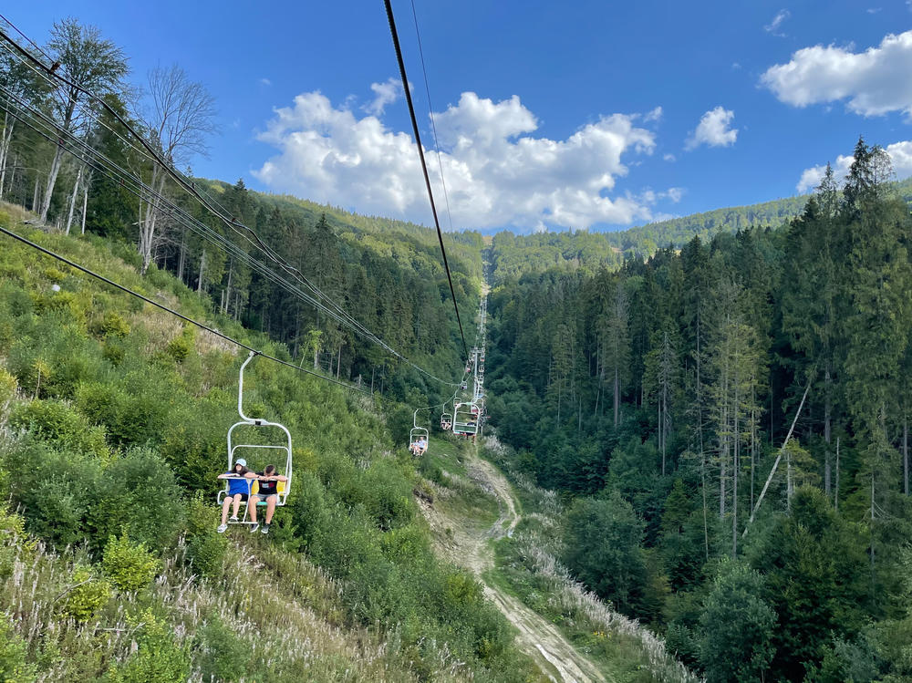 Tourists take the Soviet-era Zakhar Berkut resort chairlift in Slavske, Ukraine, in August. The tourist town is located in the Carpathian Mountains, a wildly popular vacation destination for Ukrainians.
