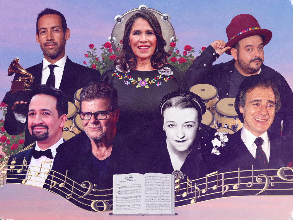 Composers (clockwise from upper left): Antonio Sanchez, Germaine Franco, Camilo Lara, Lalo Schifrin, Maria Grever, Gustavo Santaolalla and Lin-Manuel Miranda.