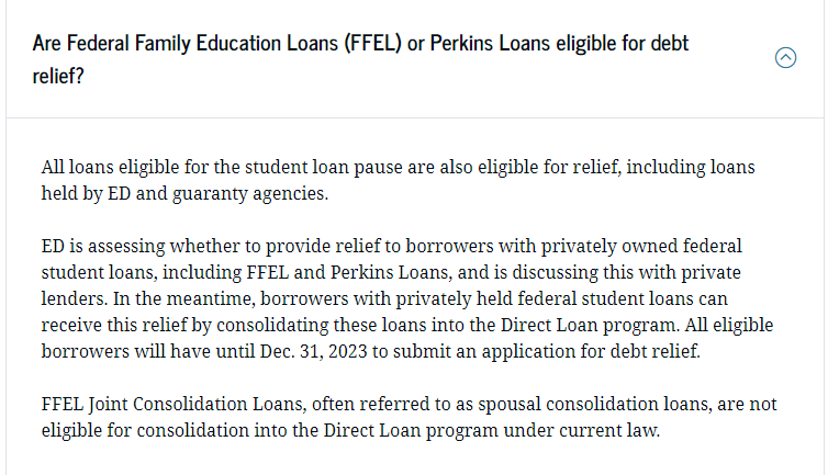 <strong>Original guidance:</strong> A screenshot of the U.S. Education Department's original student loan relief guidance for holders of FFEL and Perkins Loans, taken at 10:16 a.m. on Thursday.