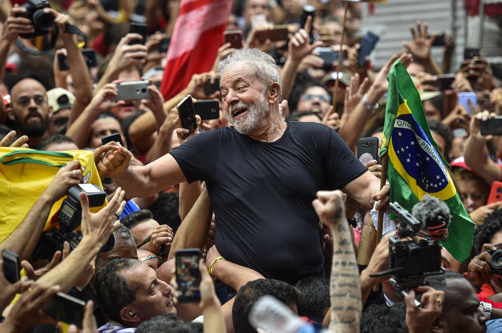 Da Silva greets supporters outside of a metalworkers' union in São Bernardo do Campo on Nov. 9, 2019, the day after his release from prison.