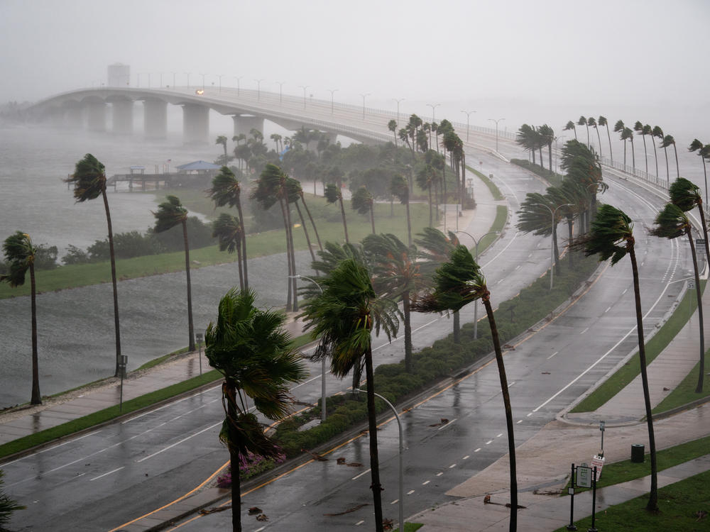 Wind gusts blow across Sarasota Bay as Hurricane Ian churns to the south on Wednesday in Sarasota, Fla.