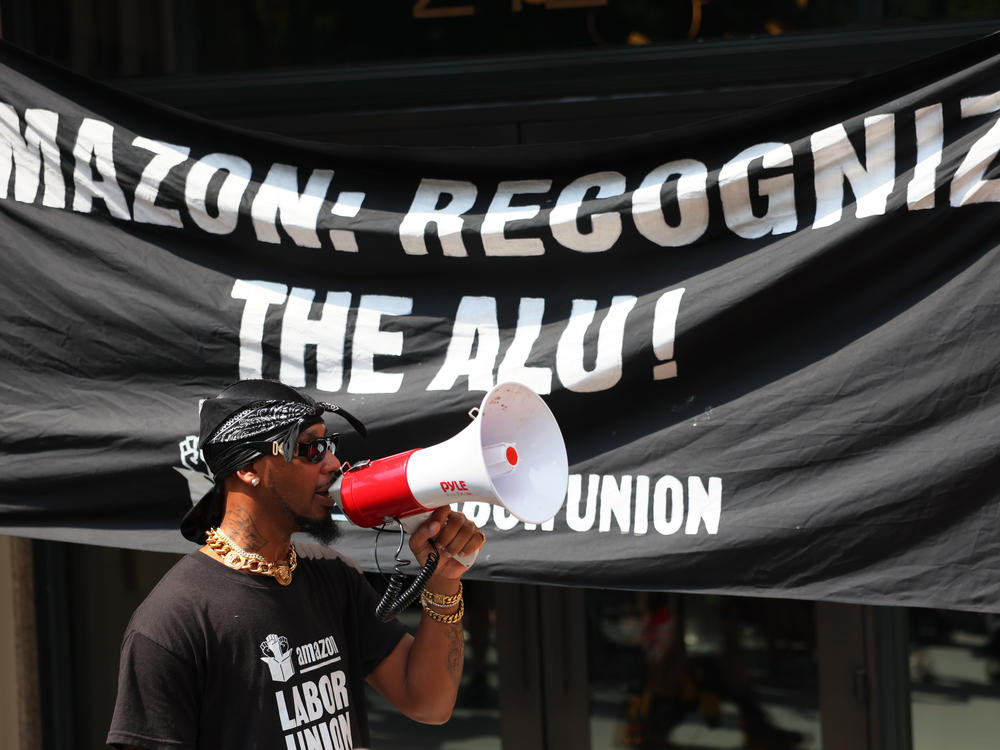 Amazon Labor Union President Chris Smalls speaks at a New York rally on Sept. 5. The company had fired Smalls from its Staten Island warehouse after he helped lead a pandemic-era walkout.