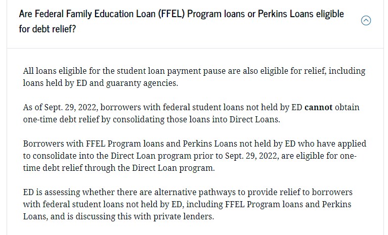 <strong>New guidance:</strong> A screenshot of the U.S. Education Department's new student loan relief guidance for holders of FFEL and Perkins Loans, taken at 11:39 a.m. on Thursday.