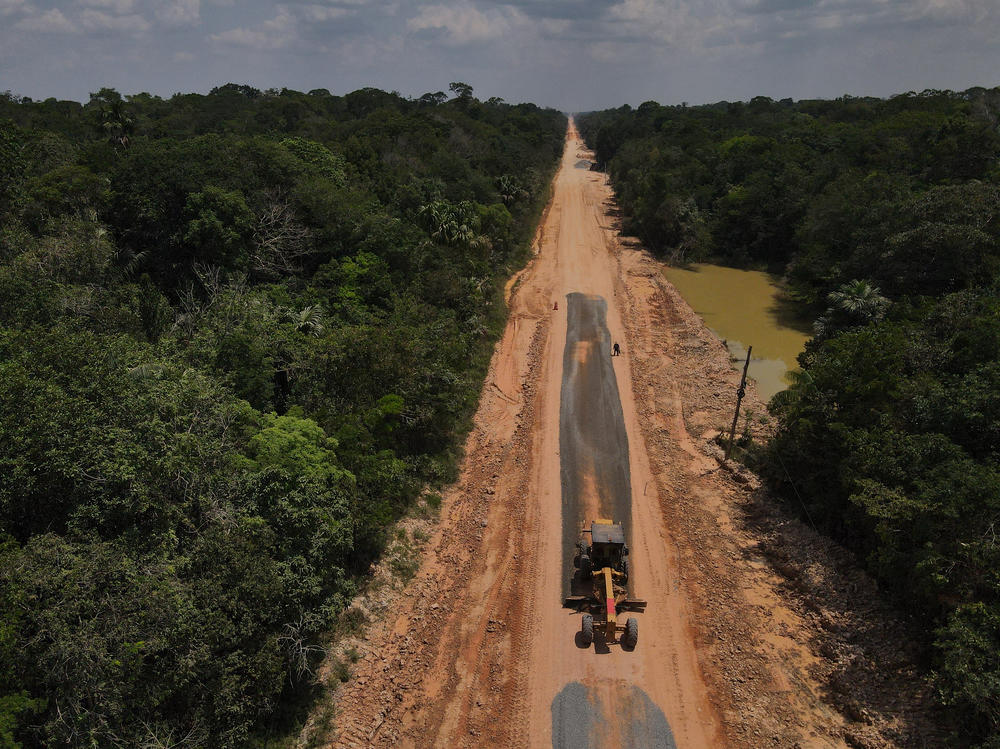 Construction on the BR 319 highway that runs through the Brazilian Amazon on Sept. 25.