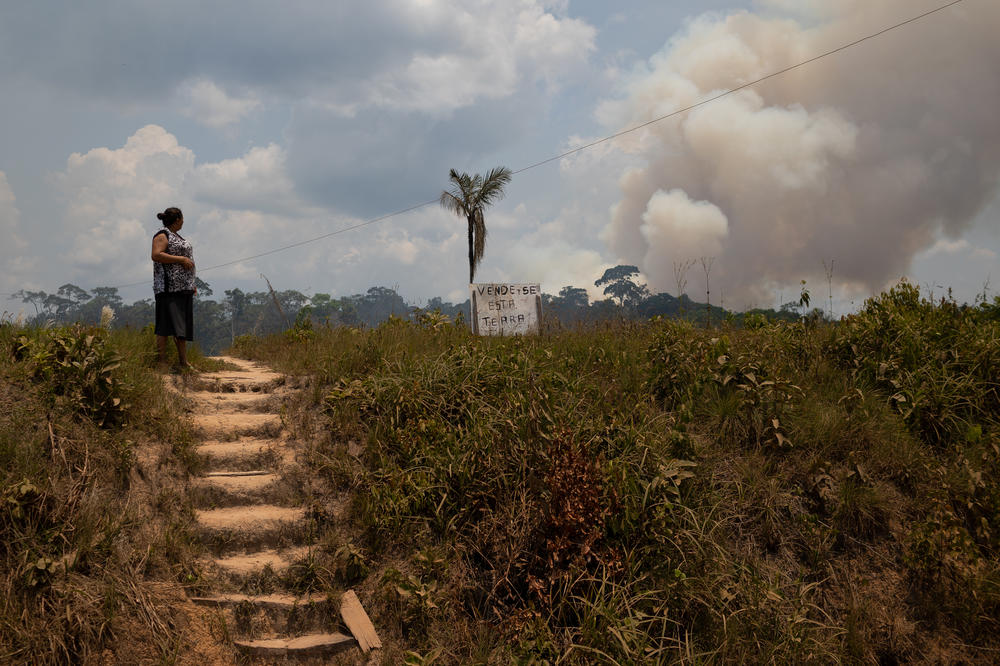A woman observes a massive fire in the Amazon rainforest near the BR 319 highway on Tuesday.