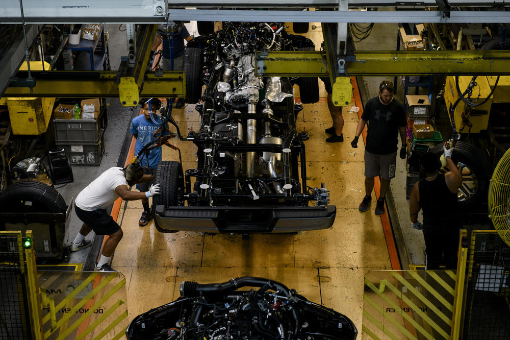 Employees work on the assembly line at the Ford Dearborn Truck Plant Final Assembly Department in Dearborn, Mich., on September 7th, 2022.