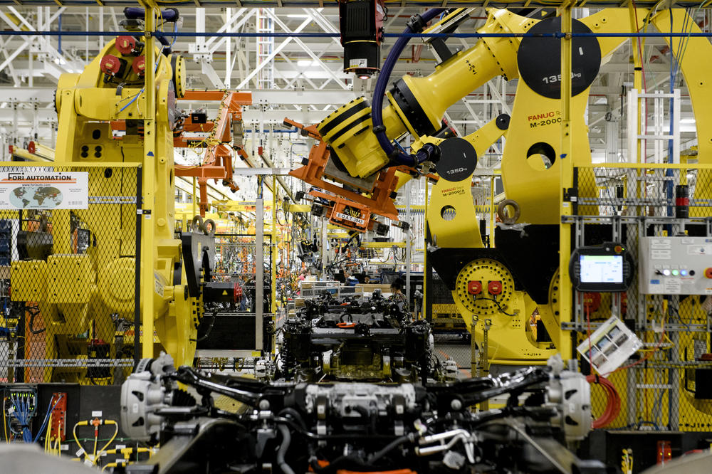 An assembly line utilizing automated machinery for assembling the Ford F-150 Lightning at the Ford Rouge Electric Vehicle Center in Dearborn, Mich., on September 7th, 2022.