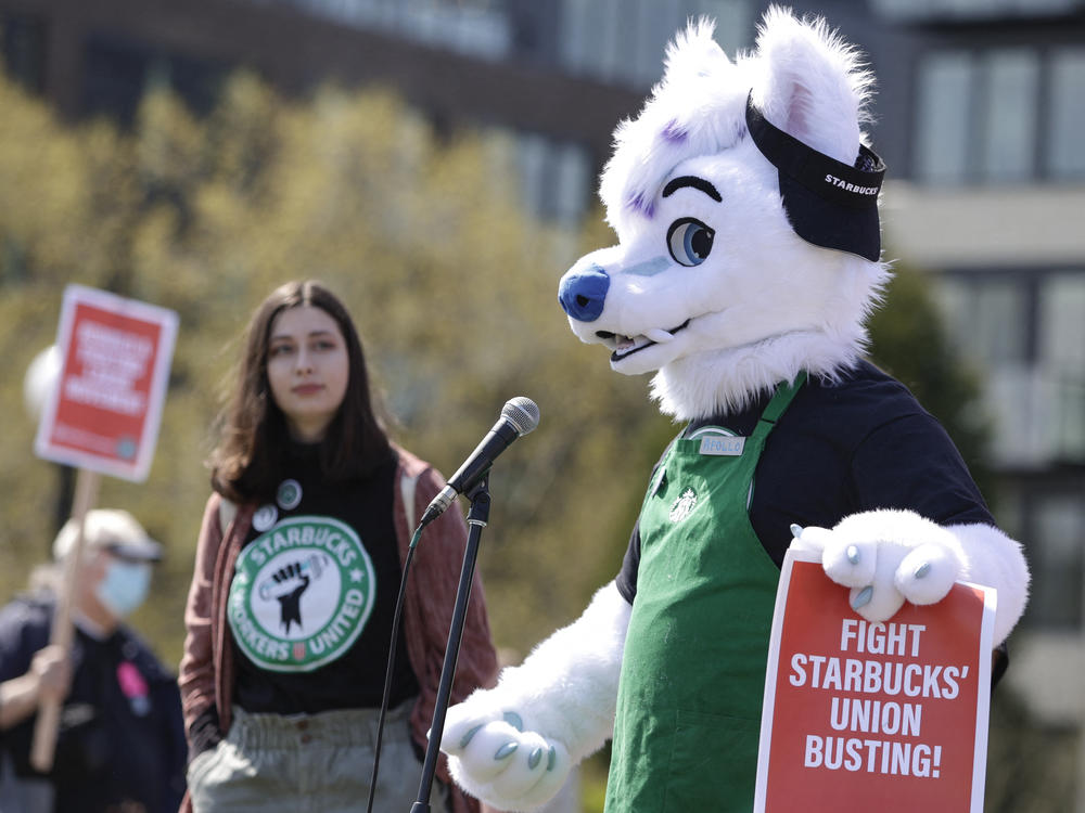 Michael Vestigo of Kansas City, Kansas, who claims he was fired by Starbucks, speaks while dressed as Apollo the Wolf during the 