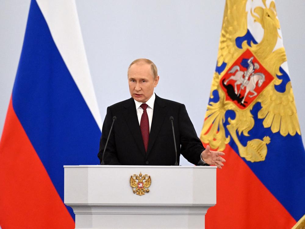 Russian President Vladimir Putin gives a speech during a ceremony formally annexing four regions of Ukraine Russian troops occupy, at the Kremlin in Moscow on Friday.