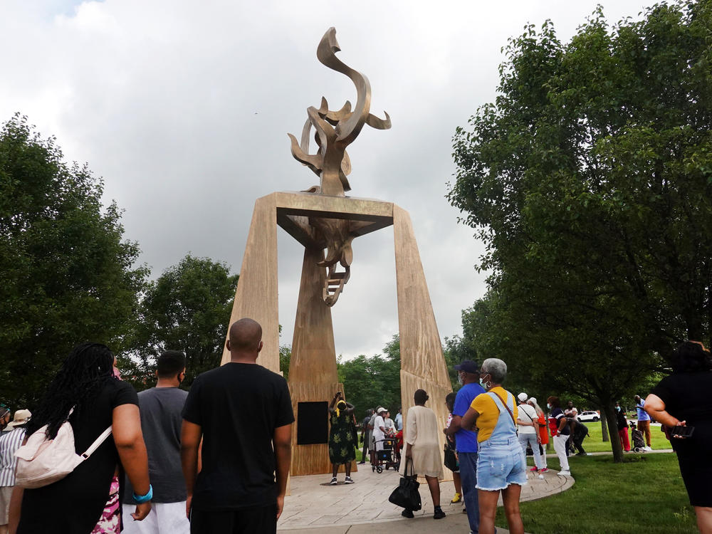 A ceremony to dedicate a monument to journalist, educator, and civil rights leader, Ida B. Wells is held on June 30, 2021 in the Bronzeville neighborhood of Chicago. The monument was created by sculptor Richard Hunt.