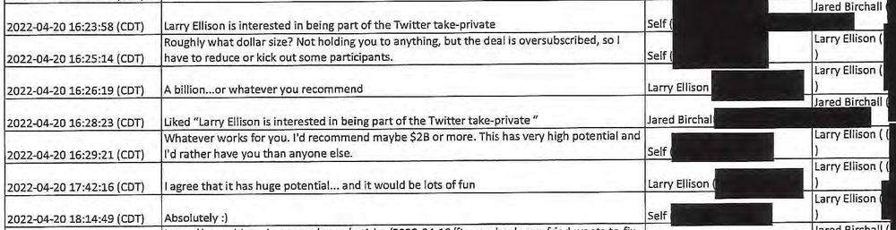 An excerpt from a selection of text messages submitted as evidence in Twitter's lawsuit against Elon Musk.