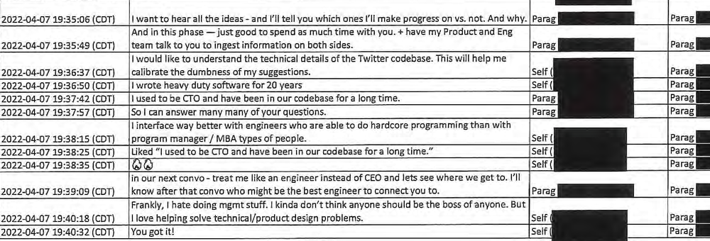 An excerpt from a selection of text messages provided as evidence in Twitter's lawsuit against Elon Musk.