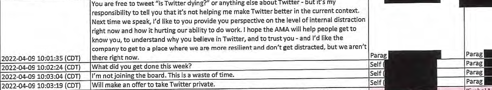 An excerpt from a selection of text messages submitted as evidence in Twitter's lawsuit against Elon Musk.