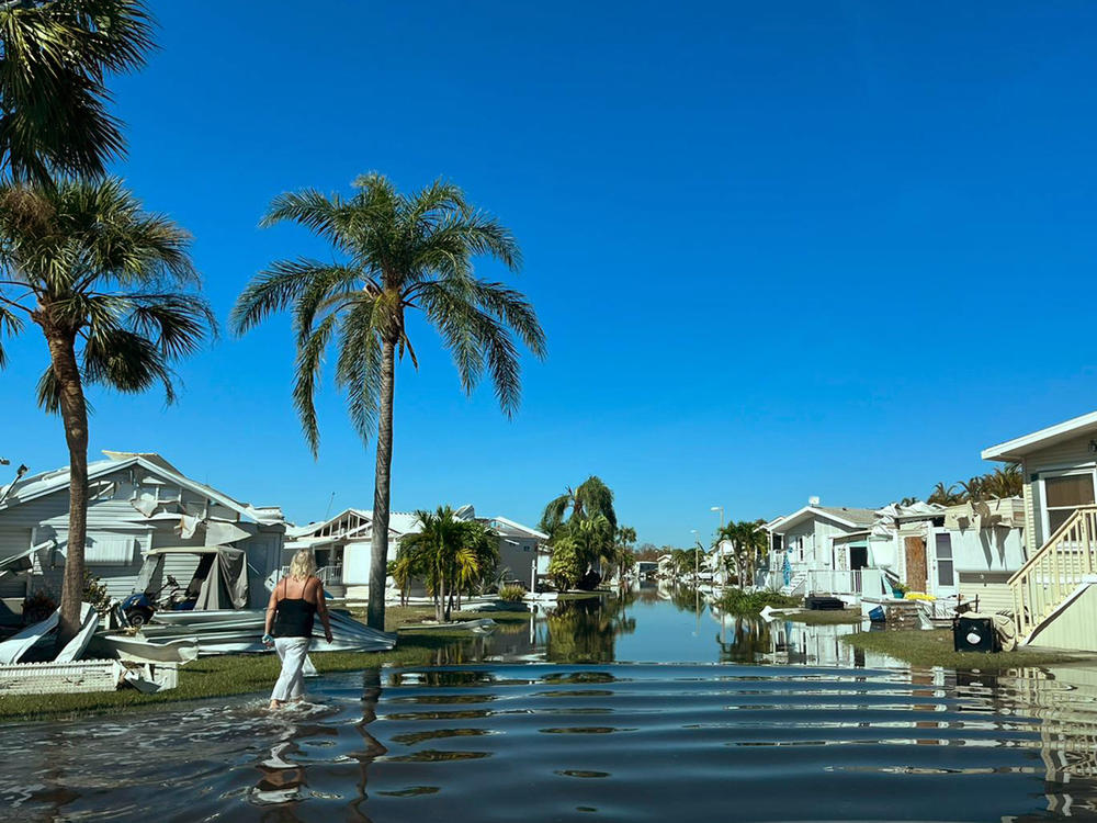 Francie Pucin stands near her home at the Palmetto Palms RV Resort in Fort Myers, Fla., on Saturday. She moved to the state from Illinois, expecting better weather.