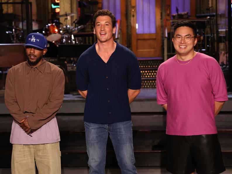 Musical guest Kendrick Lamar, host Miles Teller, and Bowen Yang recording a promo for Saturday Night Live's 48th season opening episode.