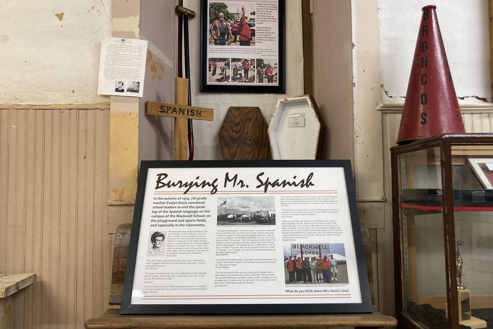 An exhibit inside the Blackwell School museum describing an incident where students were forced to pledge to not speak Spanish.