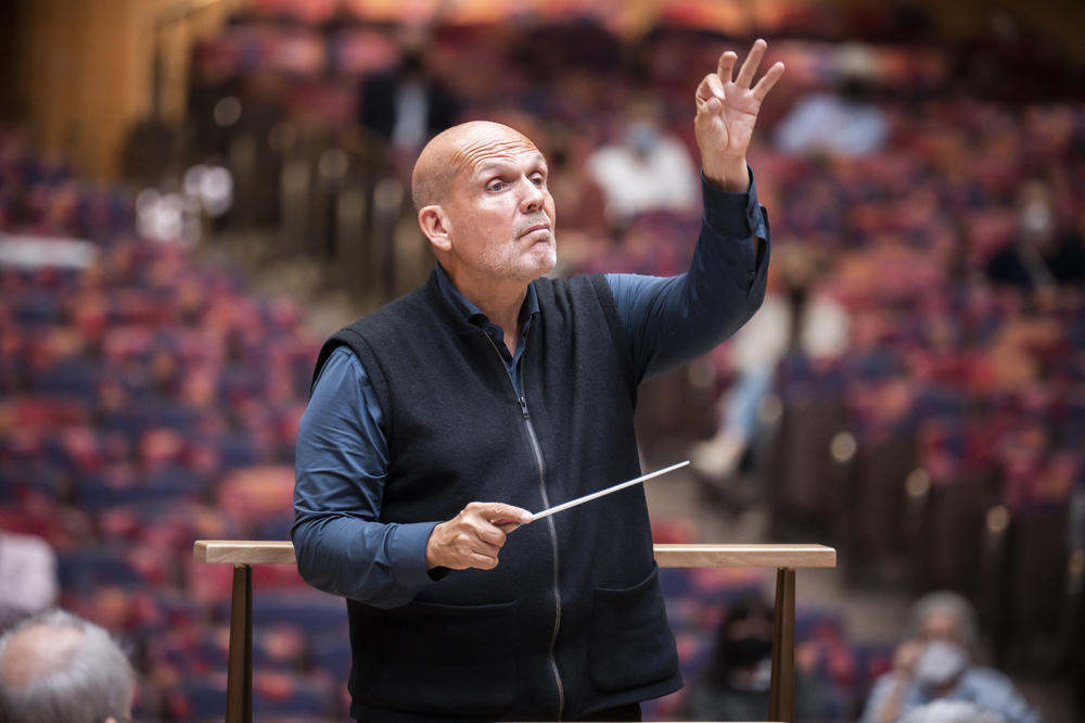 Jaap van Zweden leads the second acoustic rehearsal with New York Philharmonic at the newly renovated David Geffen Hall this past August.