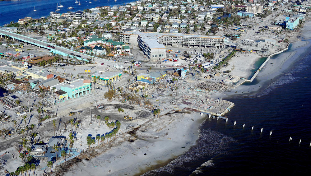The Causeway leading to Fort Myers Beach and at the end, the Times Square area, which was heavily damaged by Hurricane Ian.