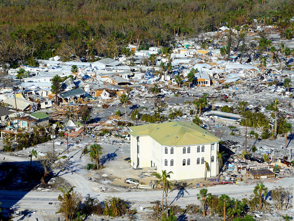 The devastation on Fort Myers Beach is clear in a view south of Matanzas Pass Preserve.