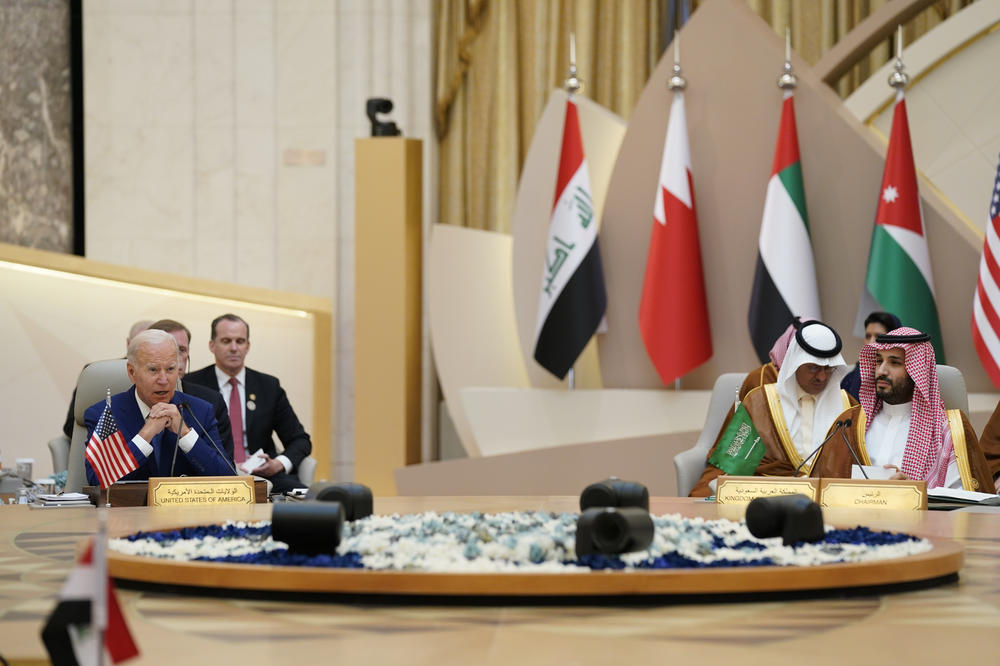 President Biden and Saudi Crown Prince Mohammed bin Salman (far right) attend the Gulf Cooperation Council on July 16 in Jeddah, Saudi Arabia.
