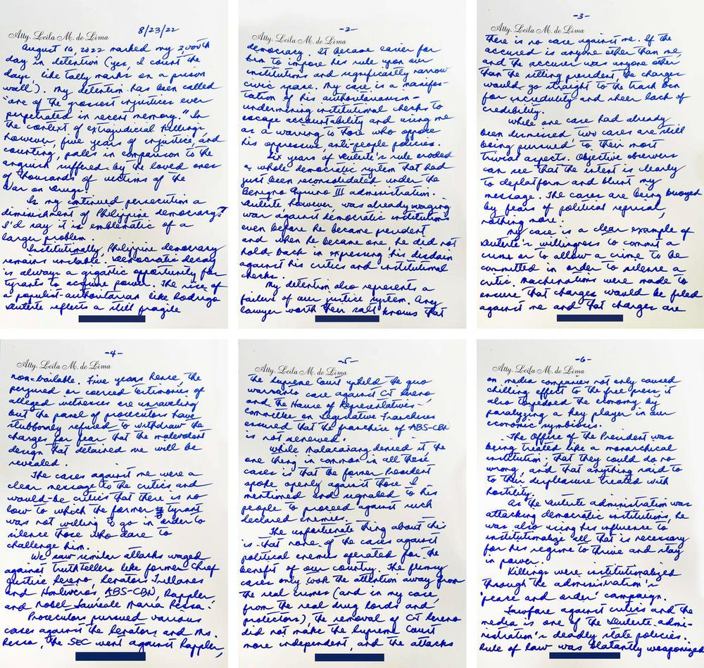 The first half of a 12-page statement Philippine former Sen. Leila de Lima handwrote from jail, dated Aug. 23, in response to questions from NPR. After 5 1/2 years in prison, de Lima said her case shows how a fragile democracy could be dismantled by a ruler working to silence his critics.