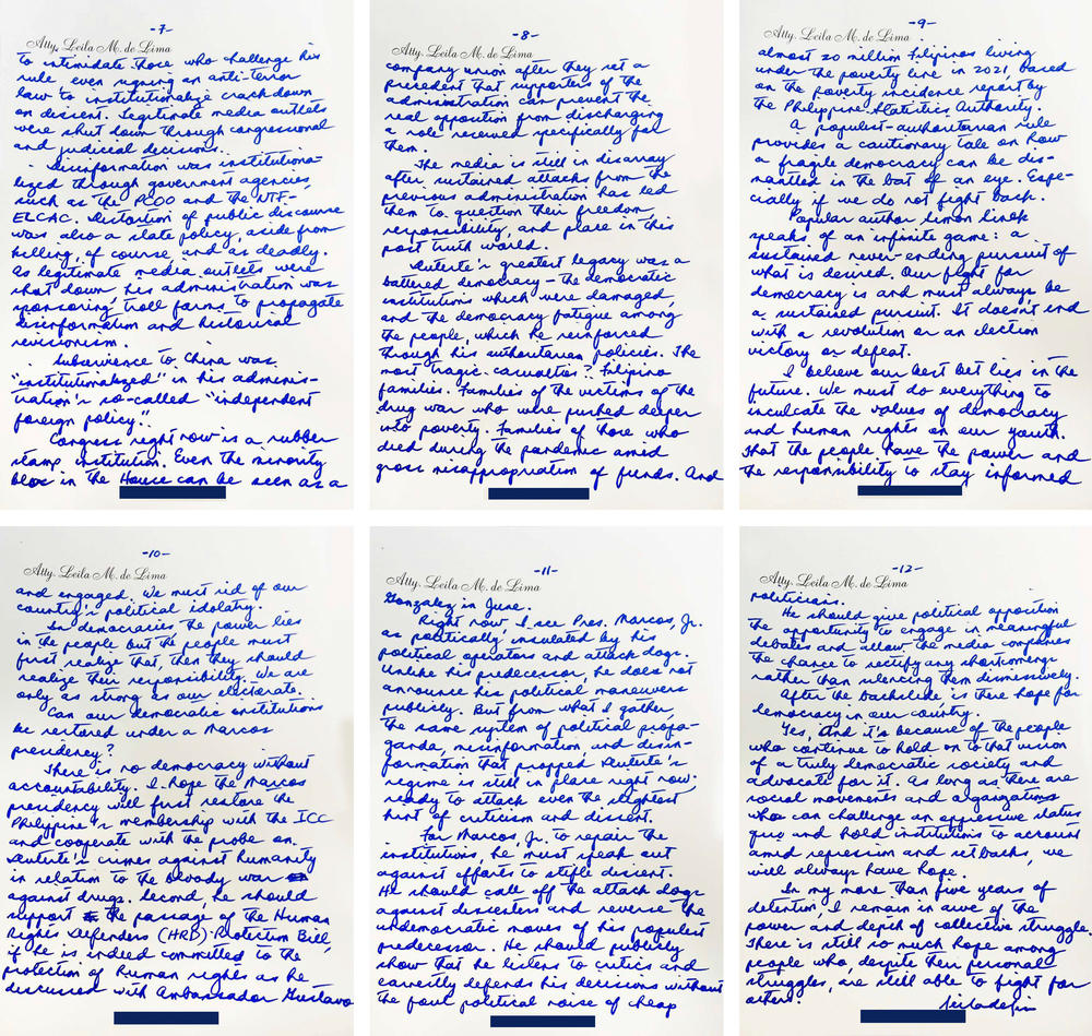 Pages 7 through 12 of the handwritten responses to NPR's questions from jailed Philippine former Sen. Leila de Lima.