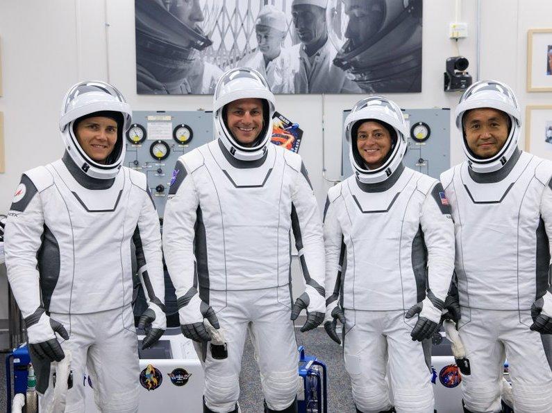 Nicole Mann (second from right) is scheduled to be the mission commander on the SpaceX Dragon spacecraft on Wednesday.