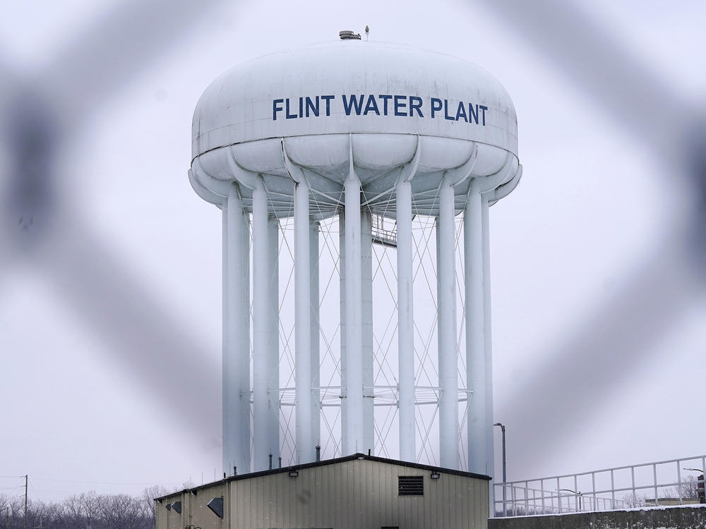 The Flint water plant tower is seen on Jan. 6, 2022, in Flint, Mich.