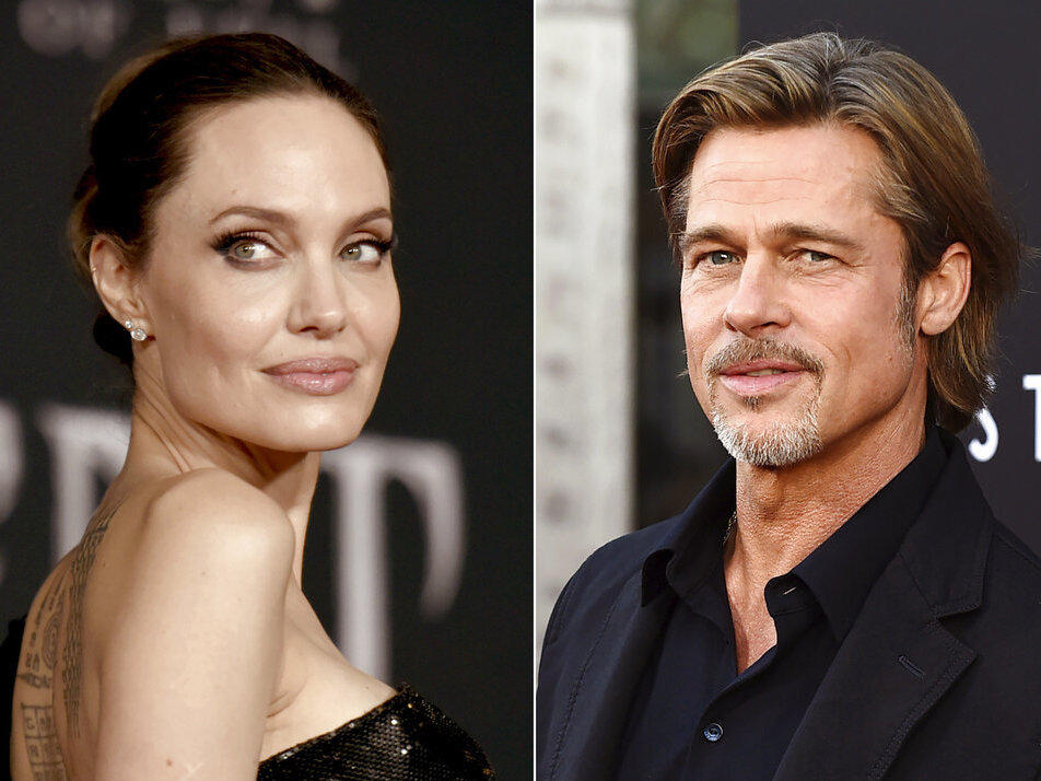 This combination photo shows Angelina Jolie and Brad Pitt at separate movie events in September 2019. A new court filing from Angelina Jolie alleges that on a 2016 flight, Brad Pitt grabbed her by the head and shook her then choked one of their children and struck another when they tried to defend her.
