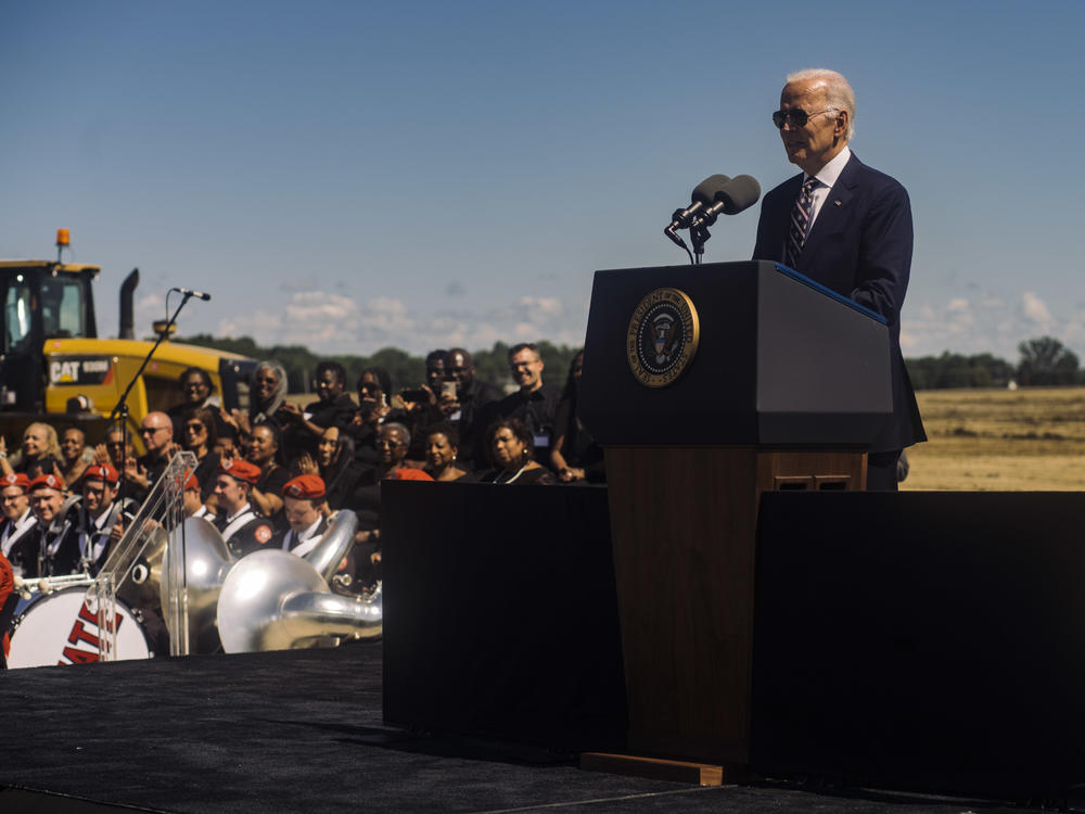 President Biden speaks during the groundbreaking of the new Intel semiconductor plant on Sept. 9 in Johnstown, Ohio.