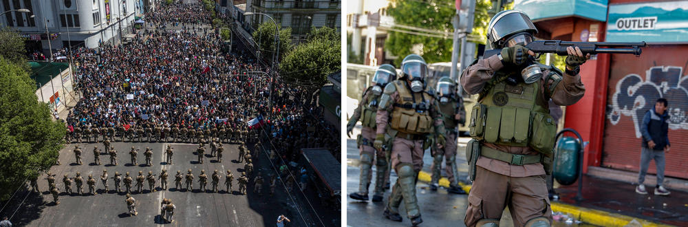 Left: Demonstrators during the fifth day of protests against a hike in metro ticket prices in Valparaiso, Chile, on Oct. 22, 2019. The demonstrations against metro ticket prices exploded into violence on Oct. 18, unleashing widening protests over living costs and social inequality. Right: A riot policeman shoots at demonstrators during protests in Valparaiso on Oct. 20, 2019.
