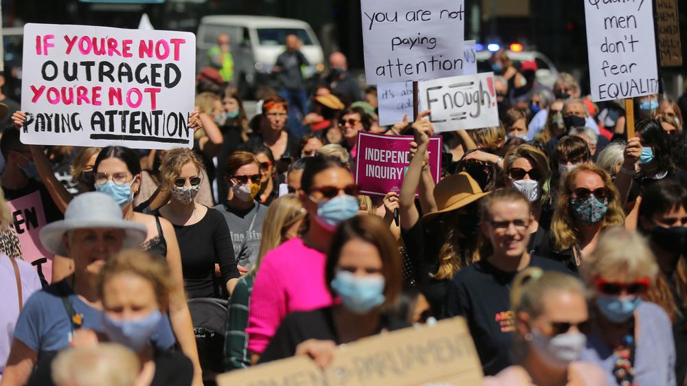 Protesters attend a rally against sexual violence and gender inequality in Sydney in March 2021.