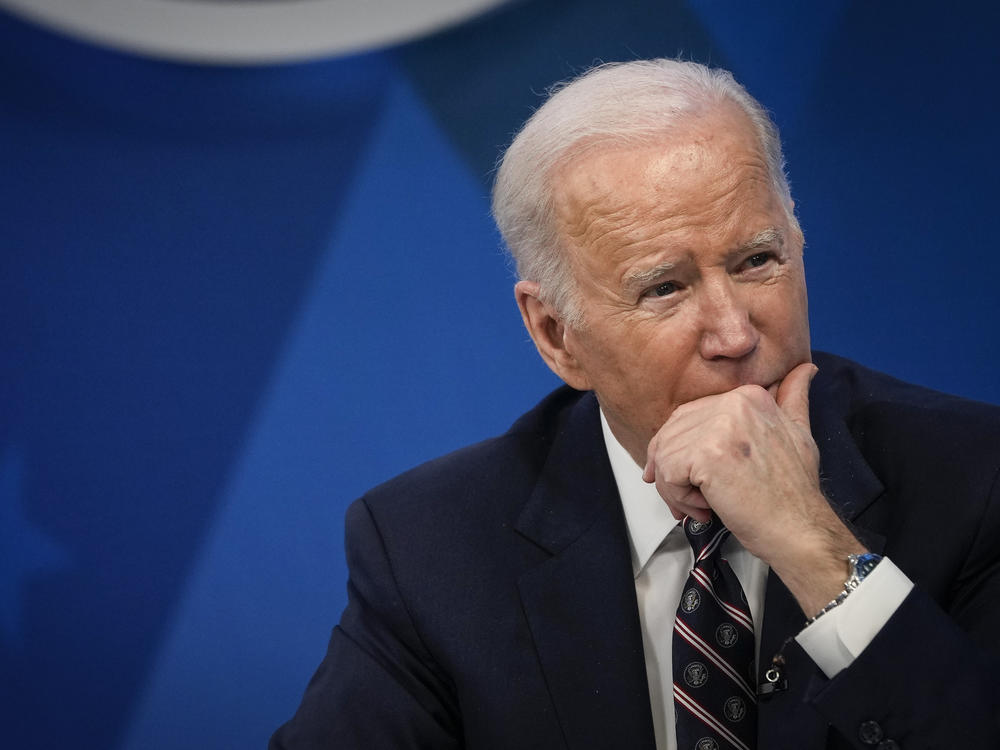 President Biden participates in a meeting on Feb. 22. Biden's approval rating is up to 44%, which marks a third straight month of increases to Biden's approval rating.