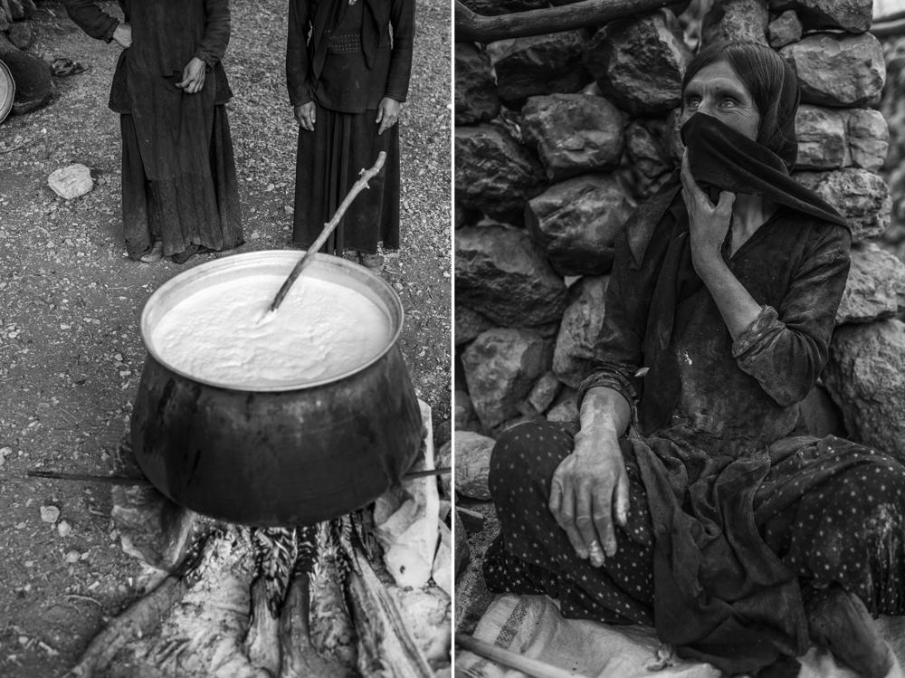 Bakhtiari women boil goat's milk over a fire made from oak wood. They use the milk to make yogurt, butter and cheese. At right, a woman bakes bread in a village on a hillside of the Central Zagros Mountains.